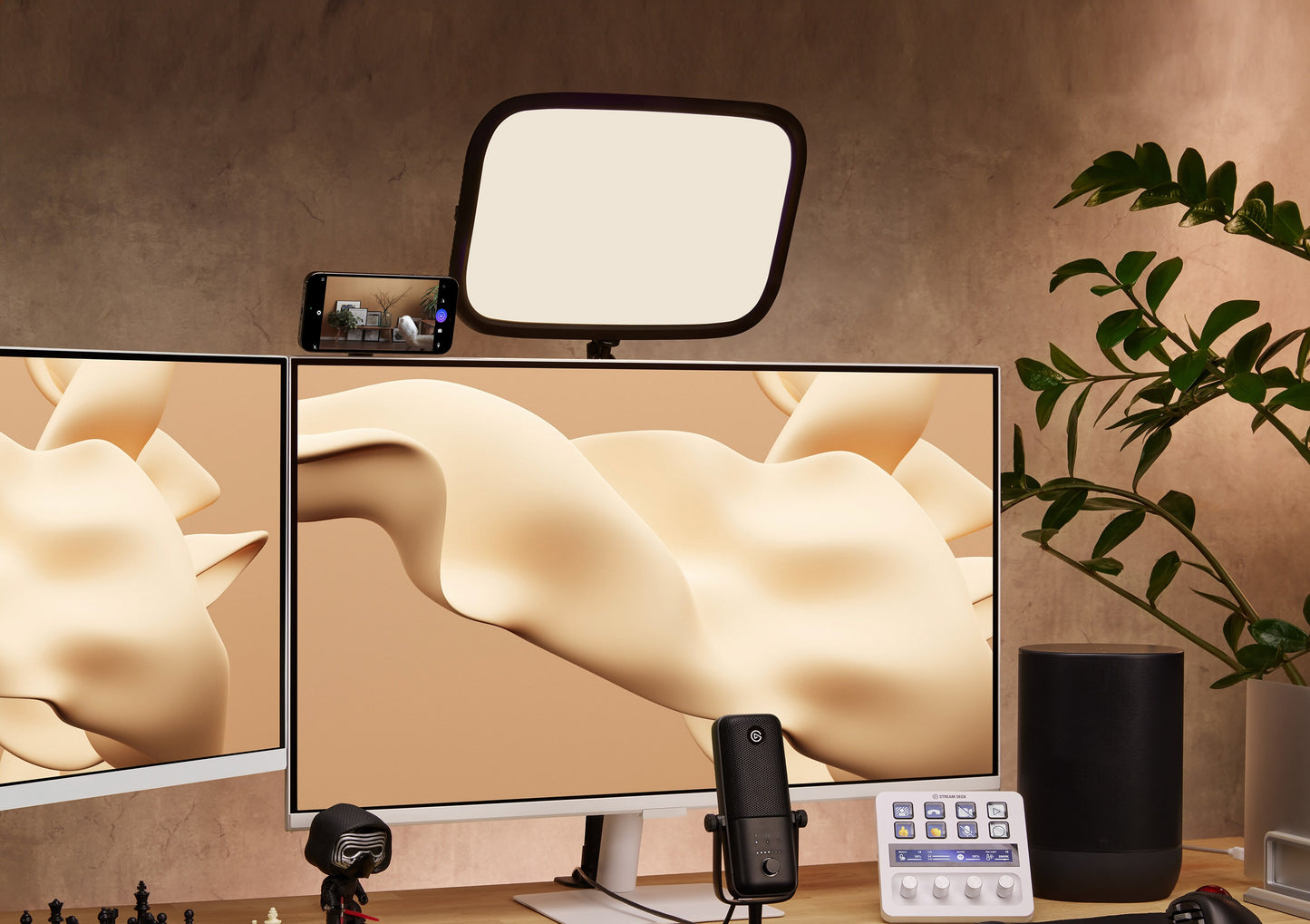 Two computer monitors displaying a floral design on a desk with a plant in the background.