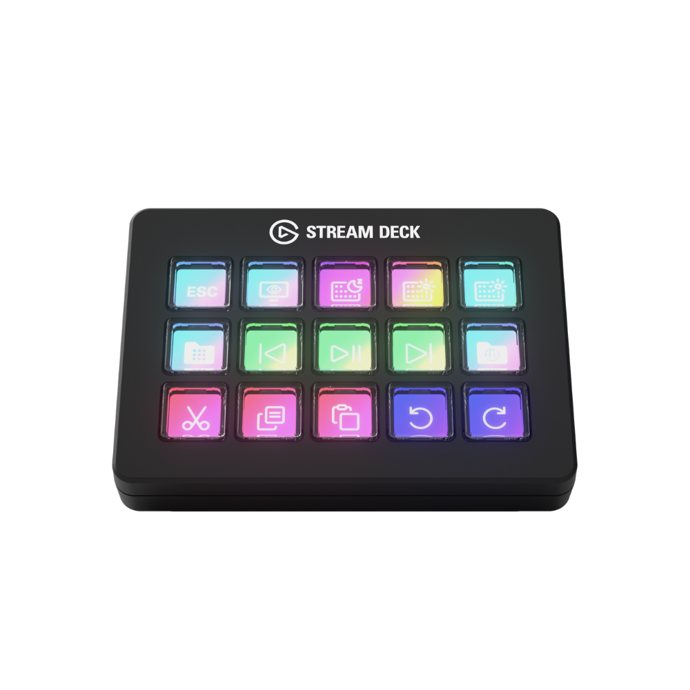 Elgato Stream Deck with colorful LED indicators on a white background