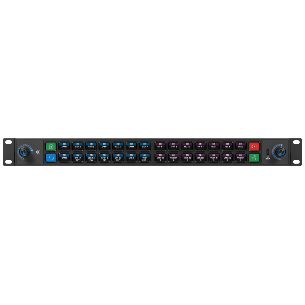 Elgato Stream Deck Studio Rack-mounted audio patch panel with control knobs on a white background