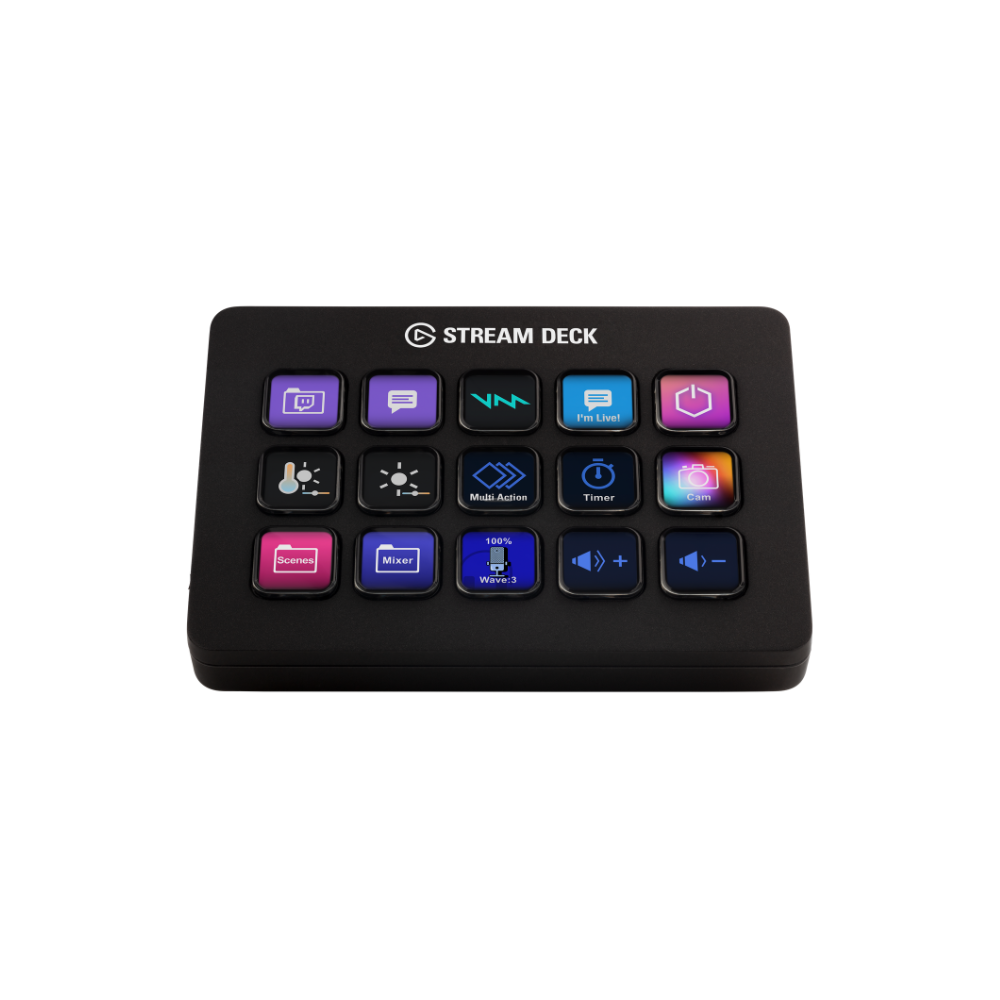 Elgato Stream Deck with colorful buttons on a white background