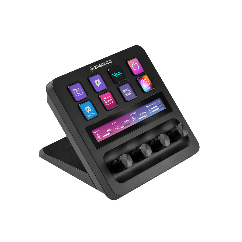 Elgato Stream Deck + Black electronic device with colorful buttons on a white background