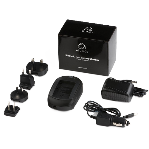 ATOMOS single Li-ion battery charger set with packaging on a white background