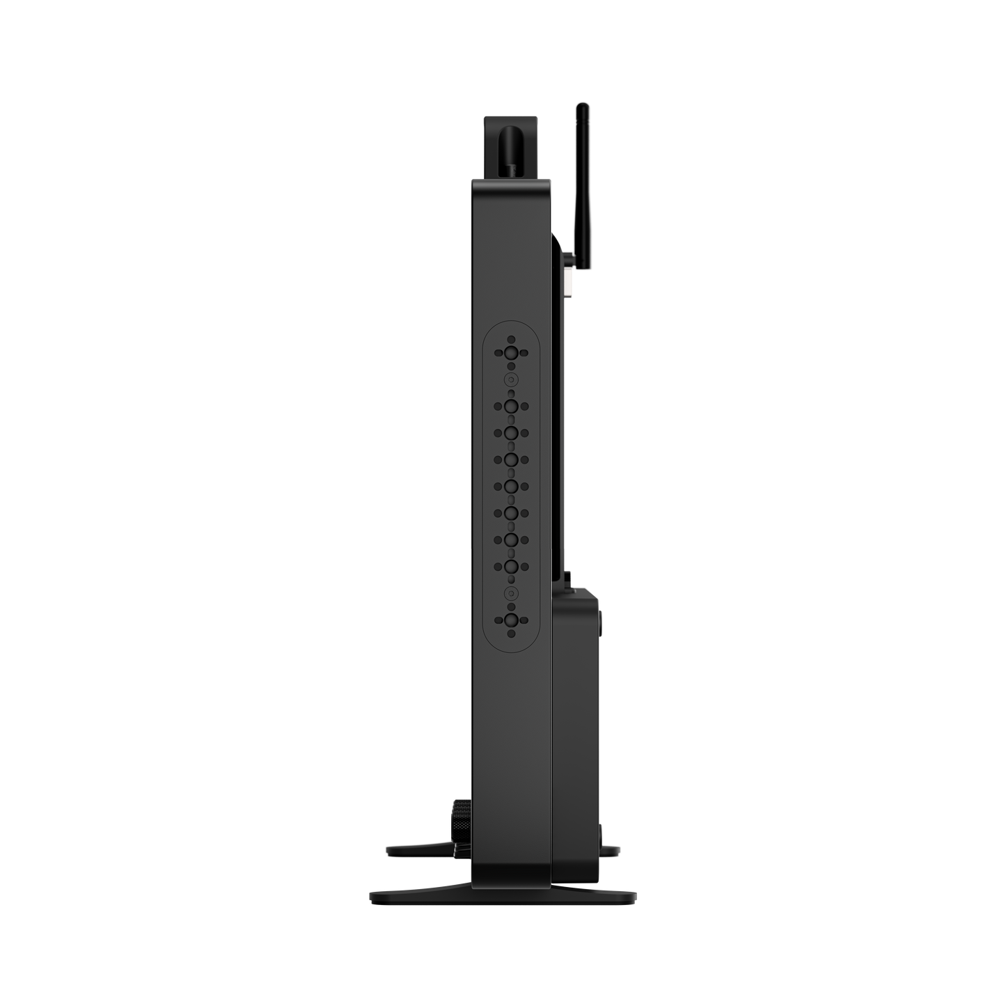 Black electronic device with multiple ports on a white background
