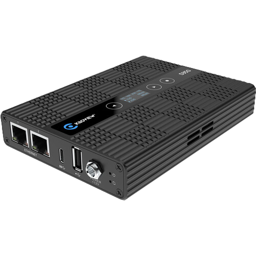 Black electronic device with multiple ports on a white background