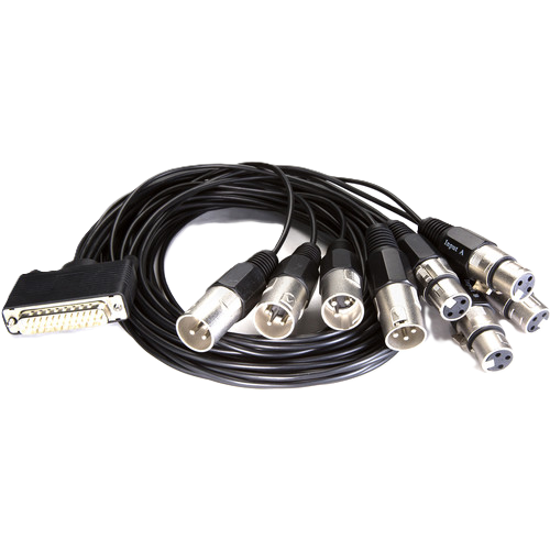 A black audio adapter cable with a multi-pin DVI male connector on one end and multiple XLR-type female and male connectors on the other, shown on a white background.