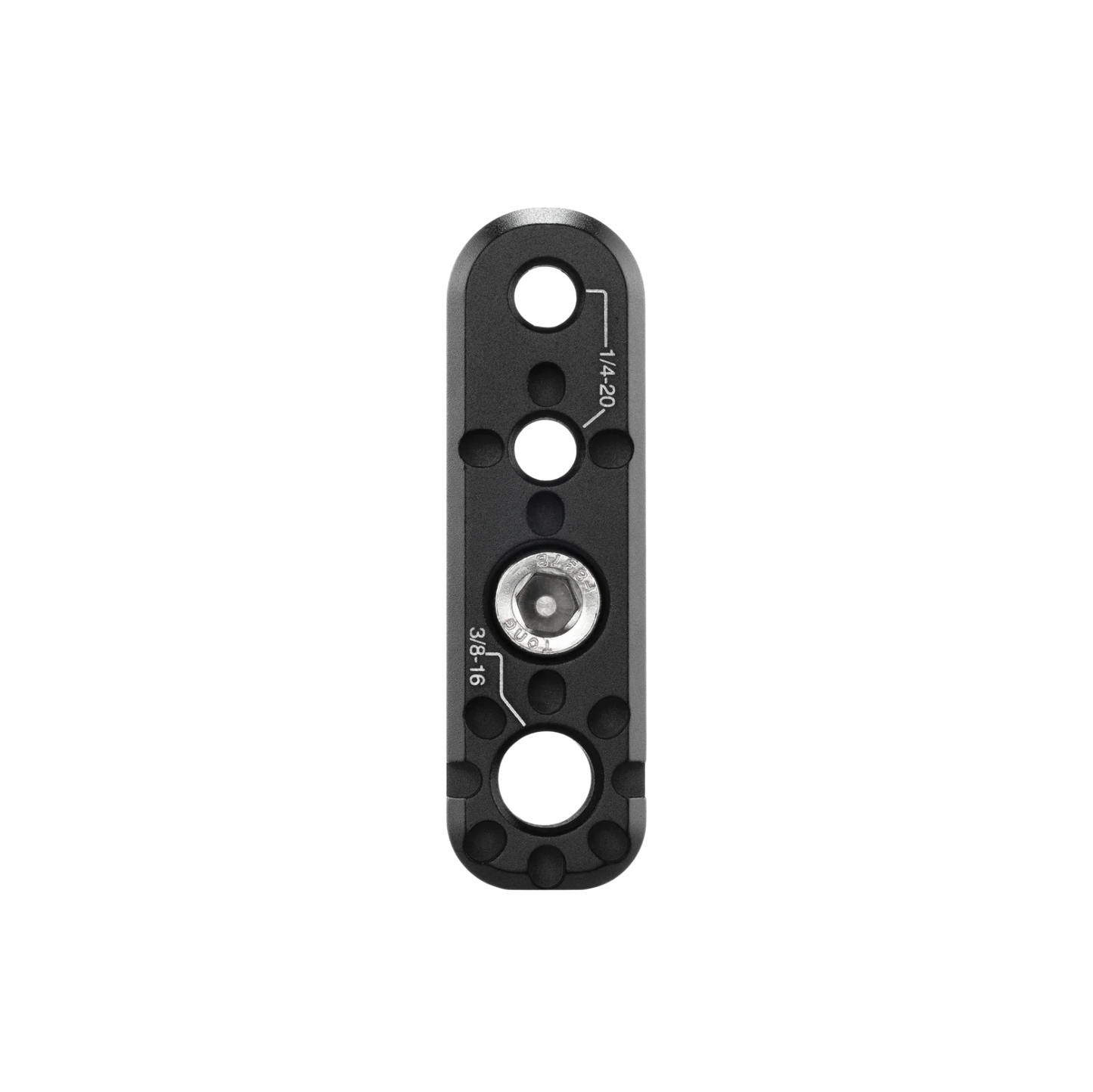 A black anodized aluminum quick-release camera lens clamp with a central silver hex socket and white technical specifications printed on the surface, shown against a plain white background.