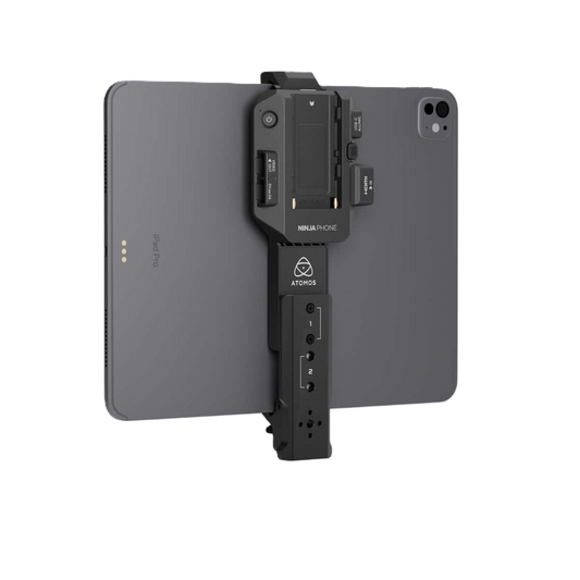 Black device with multiple ports and connectors on a white background