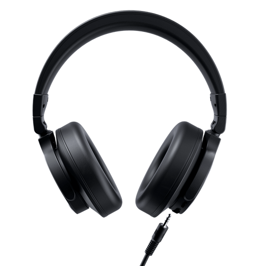Black over-ear headphones with a cable on a white background