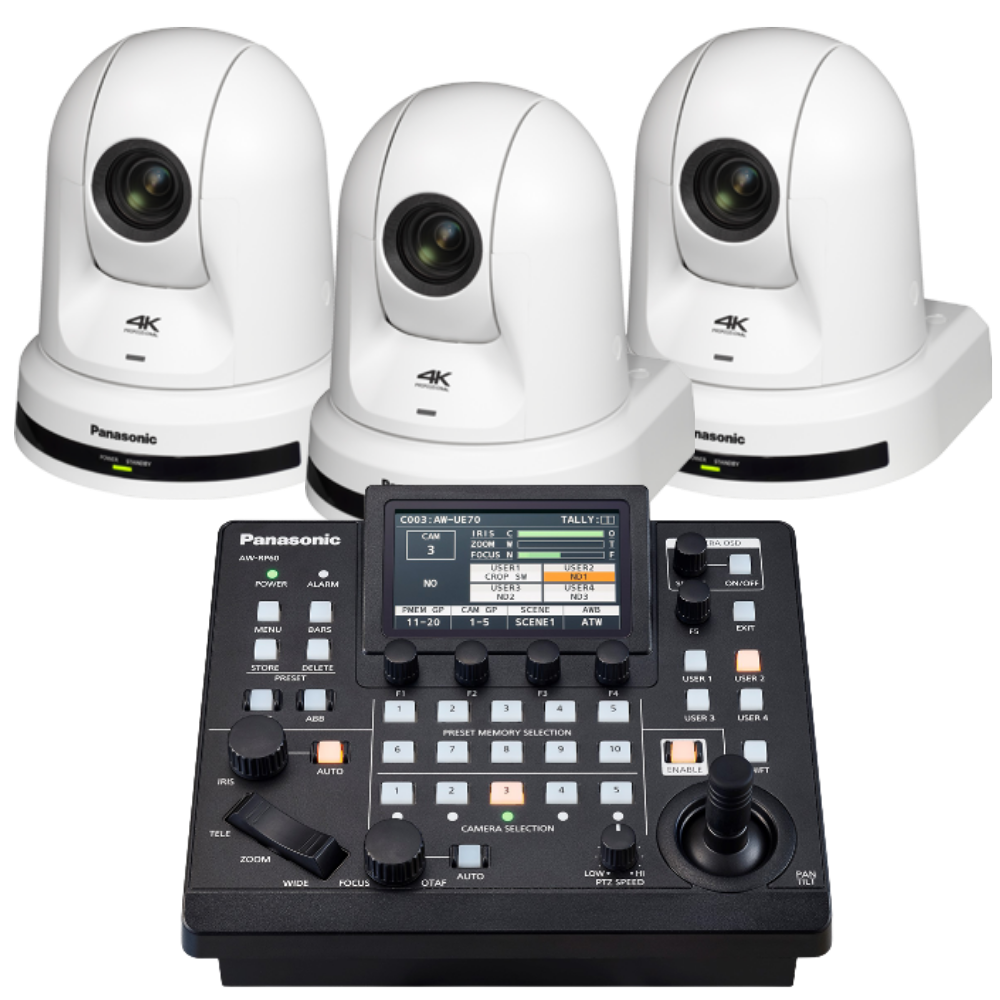 Three white Panasonic AW-UE50 camera systems with a RP60 control panel on a white background