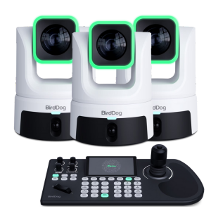 Two BirdDog video production systems with a control panel on a white background