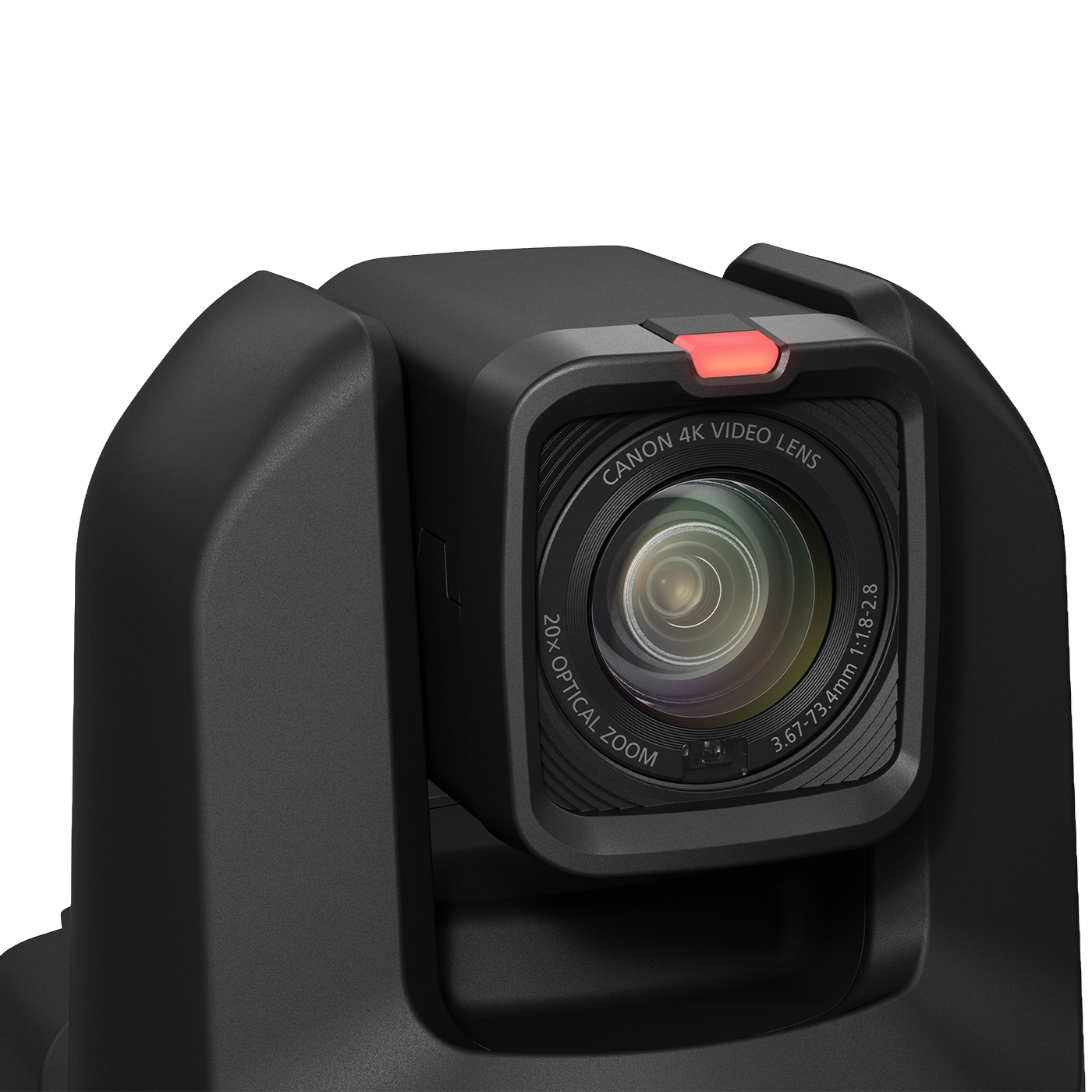 Close-up of a black camera or monitor with a square lens labeled 'CARTON 4K VIDEO LENS' and '24X OPTICAL ZOOM', shown on a clean white background.
