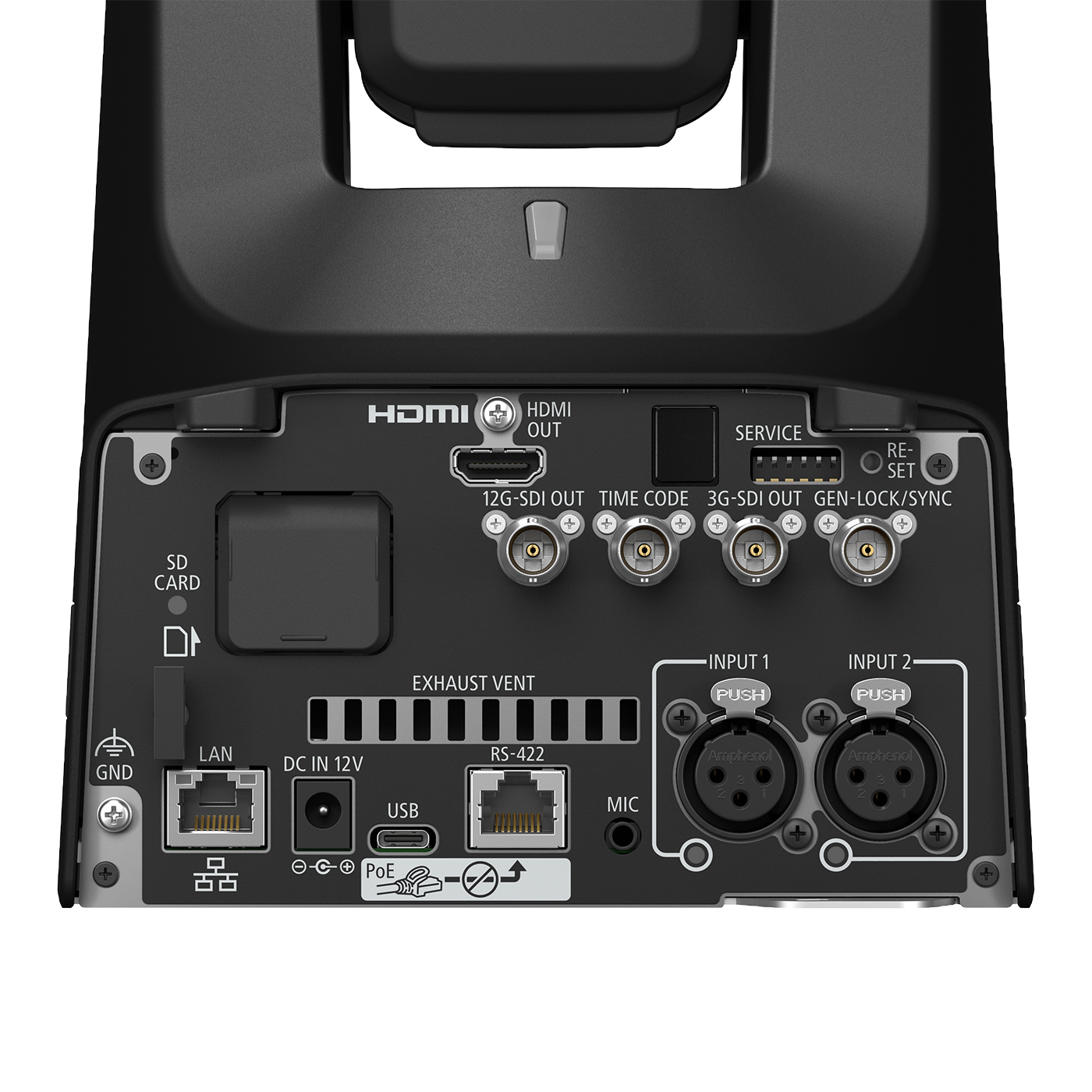 Close-up of the rear panel of a black audio device, showing multiple input and output connectors including HDMI, USB, LAN, RS-232, USB, DC 12V, MIC, and XLR inputs, on a white background.