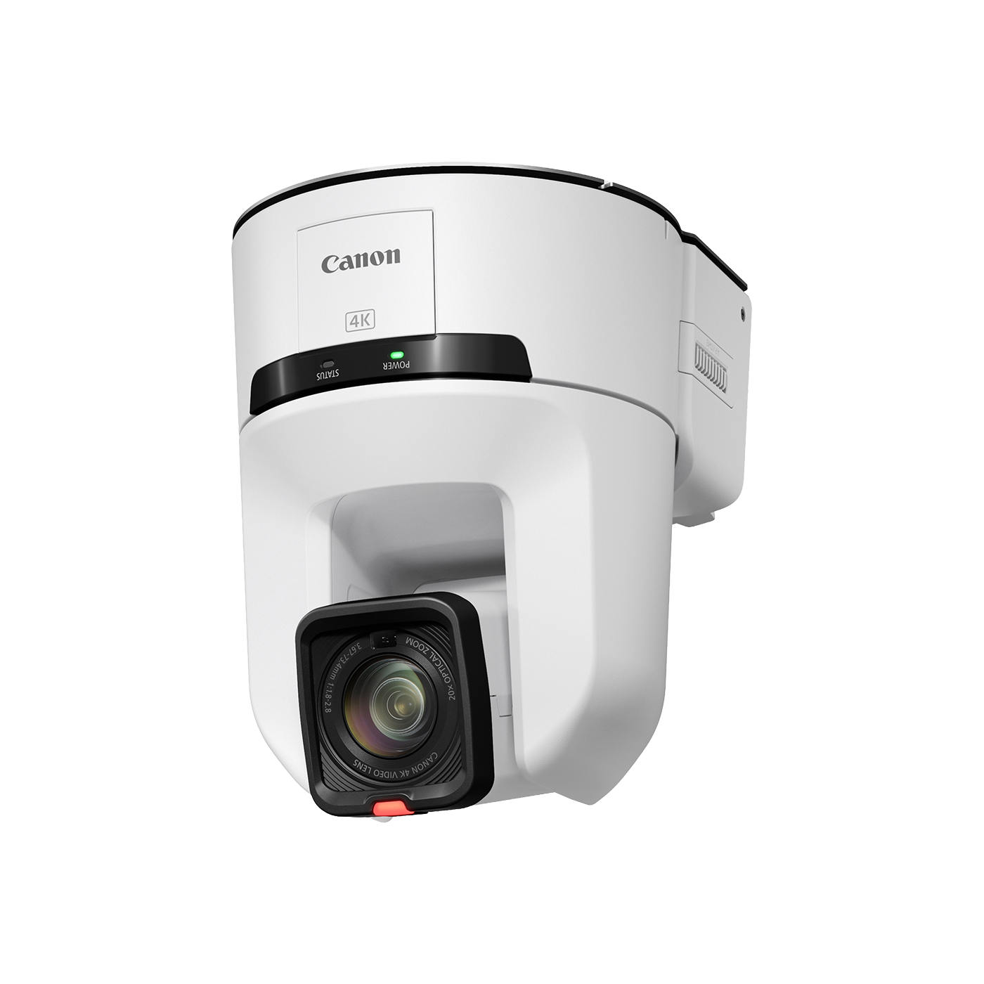 A Canon 4K security camera with a white housing, black lens housing, and a small red release button, shown at an angle on a plain white background.