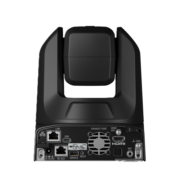Black professional Canon CR-N100 PTZ Camera showing the rear panel with ports including LAN, USB, HDMI, GND, and MIC.
