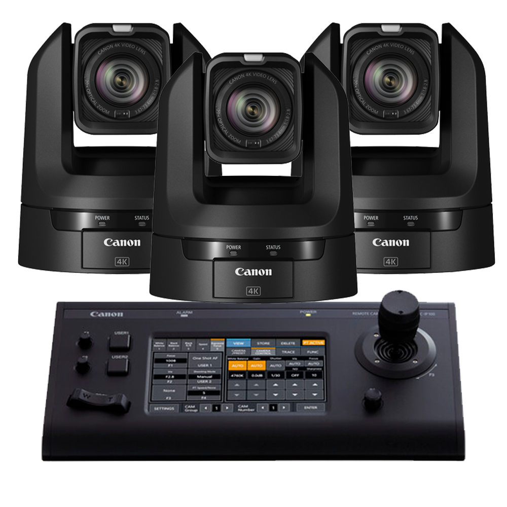 Canon 3x CR-N100 PTZ Cameras (BLACK) and 1x RC-IP100 Controller Bundle