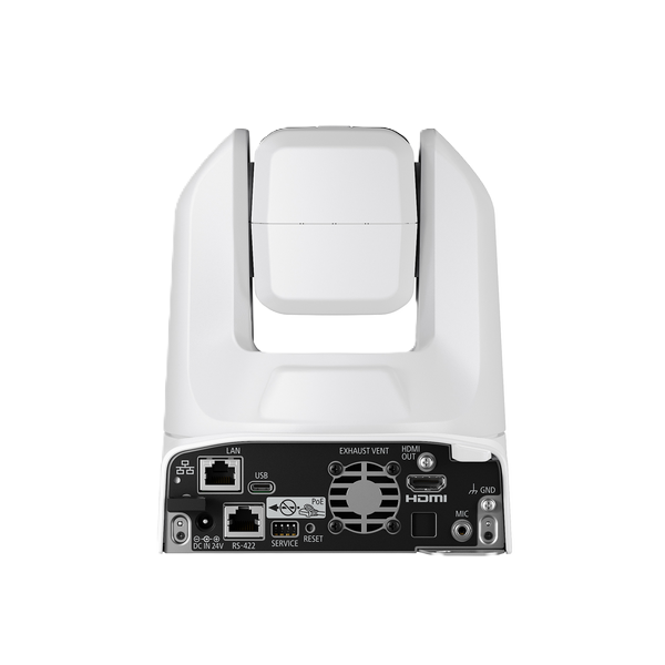 CR-N100 PTZ security camera with a rotating head and a bottom control panel showing various ports and connectors.