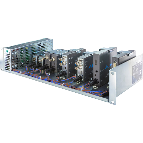 An industrial rack-mount electronic power supply or signal conditioner module with multiple gray and black input channels, blue and red wiring, and a silver metal chassis on a white background.