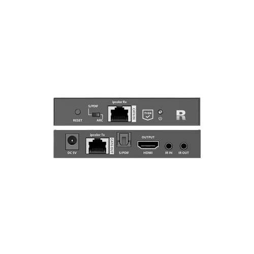 Back view of a network device with various ports on a white background