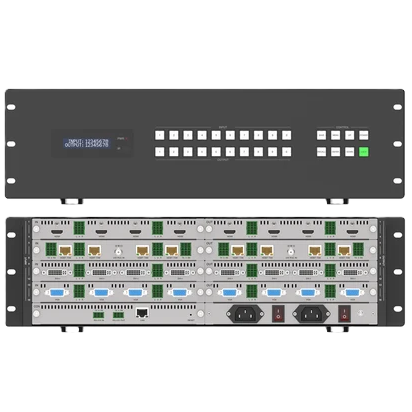 A dual-view technical product shot of a rack-mount electronic device, showing the front panel with a small display and buttons on top, and the rear panel with multiple ports and connectors below, on a plain white background.