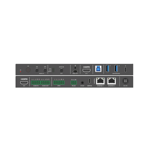 Back view of a DVDO-USBC-HDMI-PS-21-XL electronic device with various ports and labels on a white background
