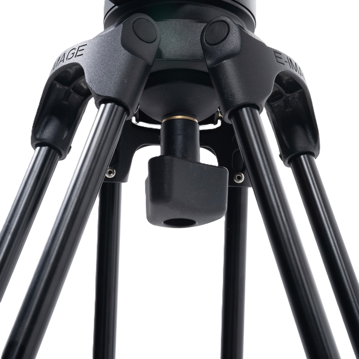 Close-up of a black tripod with brand name on a white background