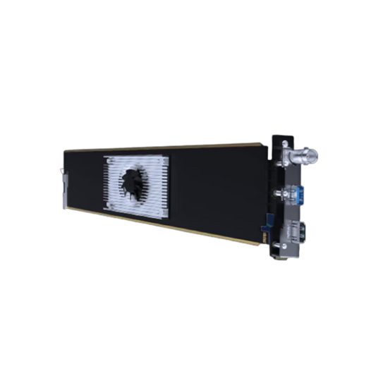 A long, narrow black electronic module or card with a white ribbed heat sink and metal connectors on the right side, shown on a plain white background.