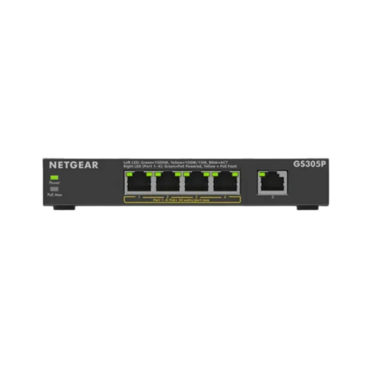Netgear GS305P 4-port Gigabit Ethernet switch, featuring four RJ45 ports with green LED indicators and one LAN port, on a plain white background.