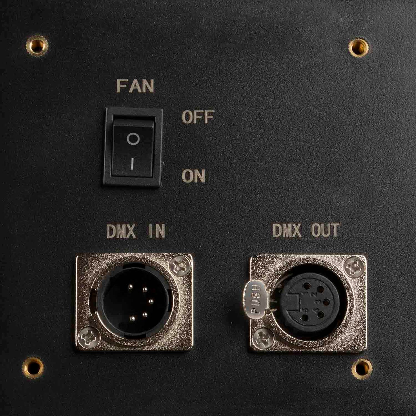 Control panel with switch labeled 'FAN' and 'DMX IN/OUT' on a dark background.