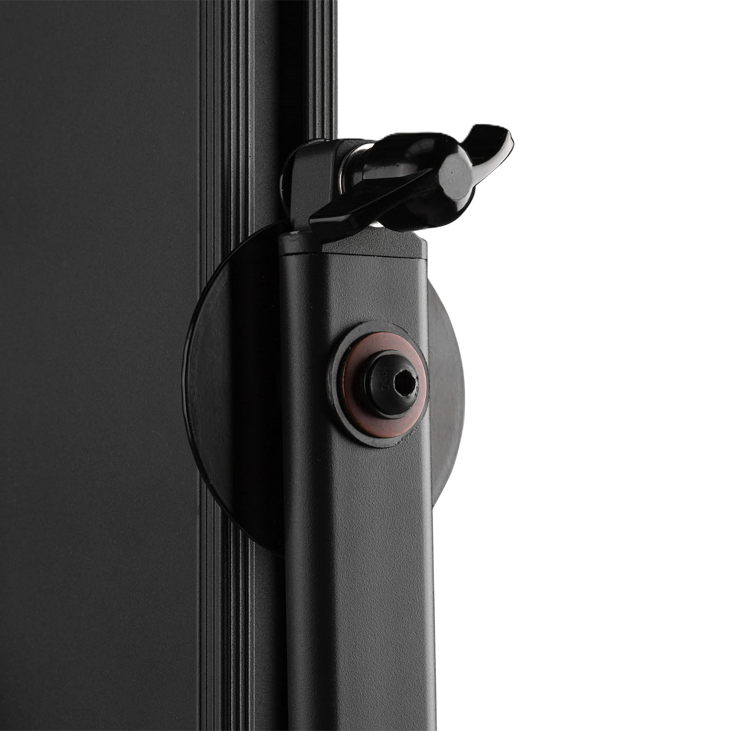 Close-up of a black mechanical component on a white background