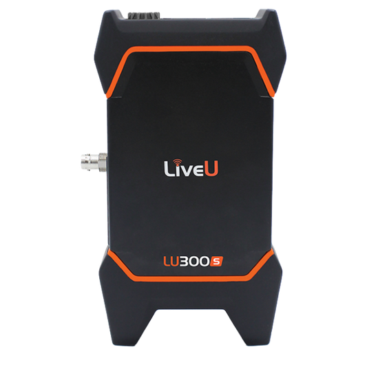 A black LiveU LU300S encoder with orange accent lines and a silver connector on the left side, shown against a plain white background.