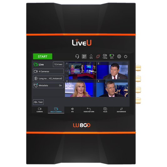 A black LiveU LW800 video surveillance and recording controller device with an orange accent line, a multi-view digital screen showing news channels and camera status, and gold connector ports on the right side.