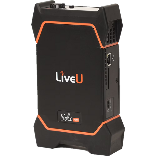 Black Solo PRO LiveU portable encoder device with orange accents and white and orange branding, shown on a plain white background.