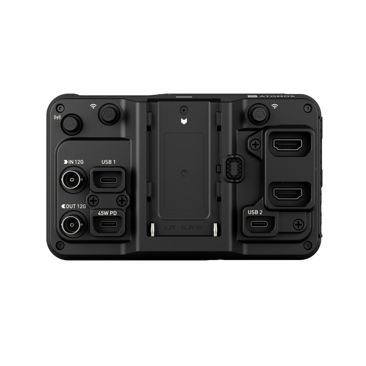 Back view of a Atomos Ninja TX black electronic device with multiple ports on a green background