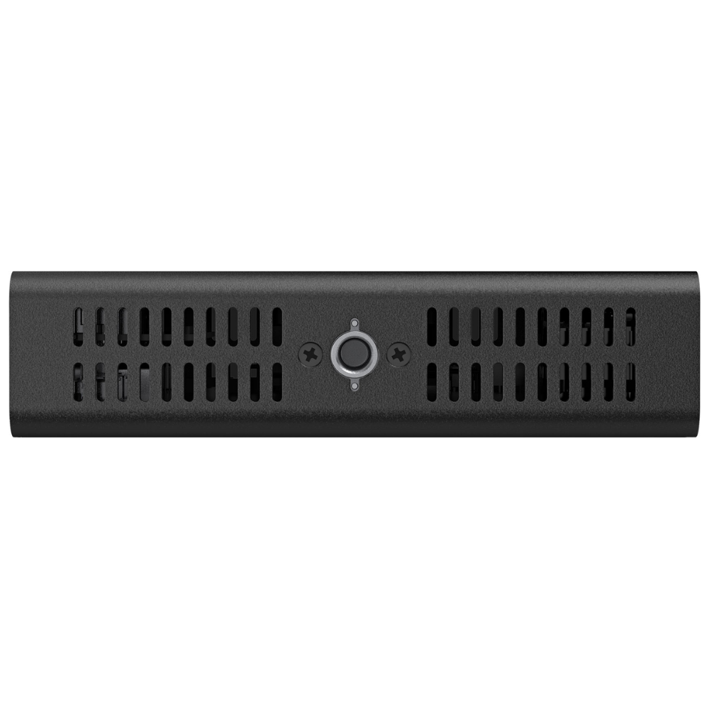 Black electronic device with a central button on a white background