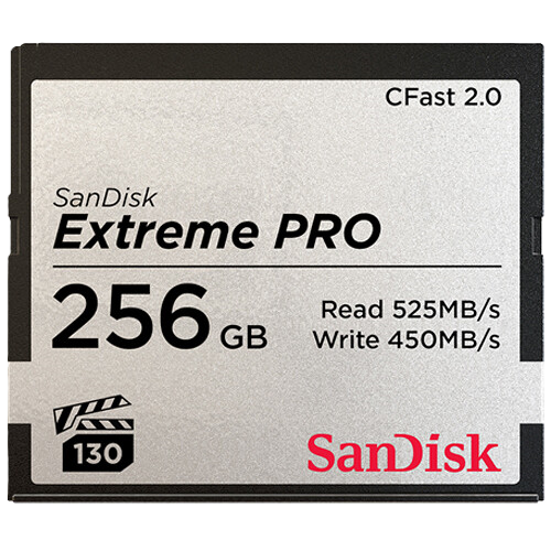 SanDisk Extreme PRO 256GB CFast 2.0 memory card on a white background