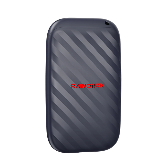 A Sandisk portable external hard drive in a dark gray color with diagonal striped pattern on the back and a red SANDISK logo in the center, shown on a plain white background.