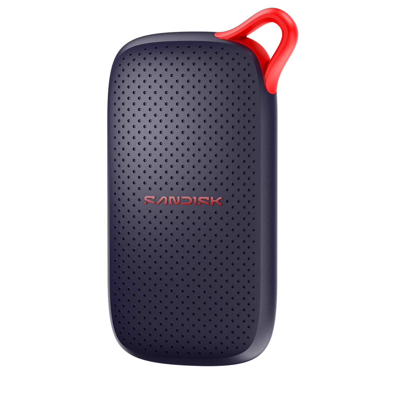 A Sandisk portable external hard drive in a dark navy blue color with a red loop handle on top, shown against a plain white background.