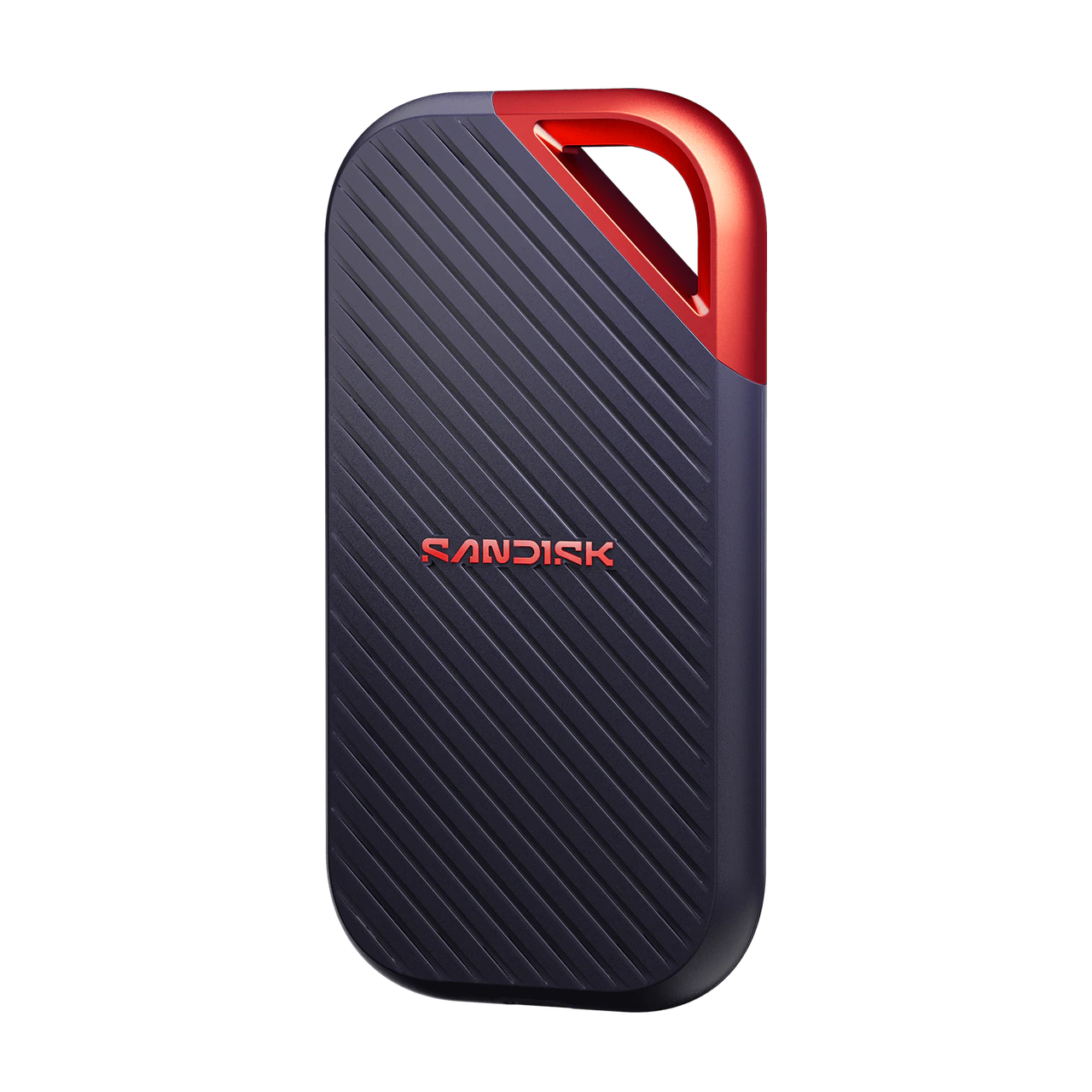 A Sandisk portable external hard drive in a dark gray textured finish with a metallic red keychain loop on the top right and red brand lettering.