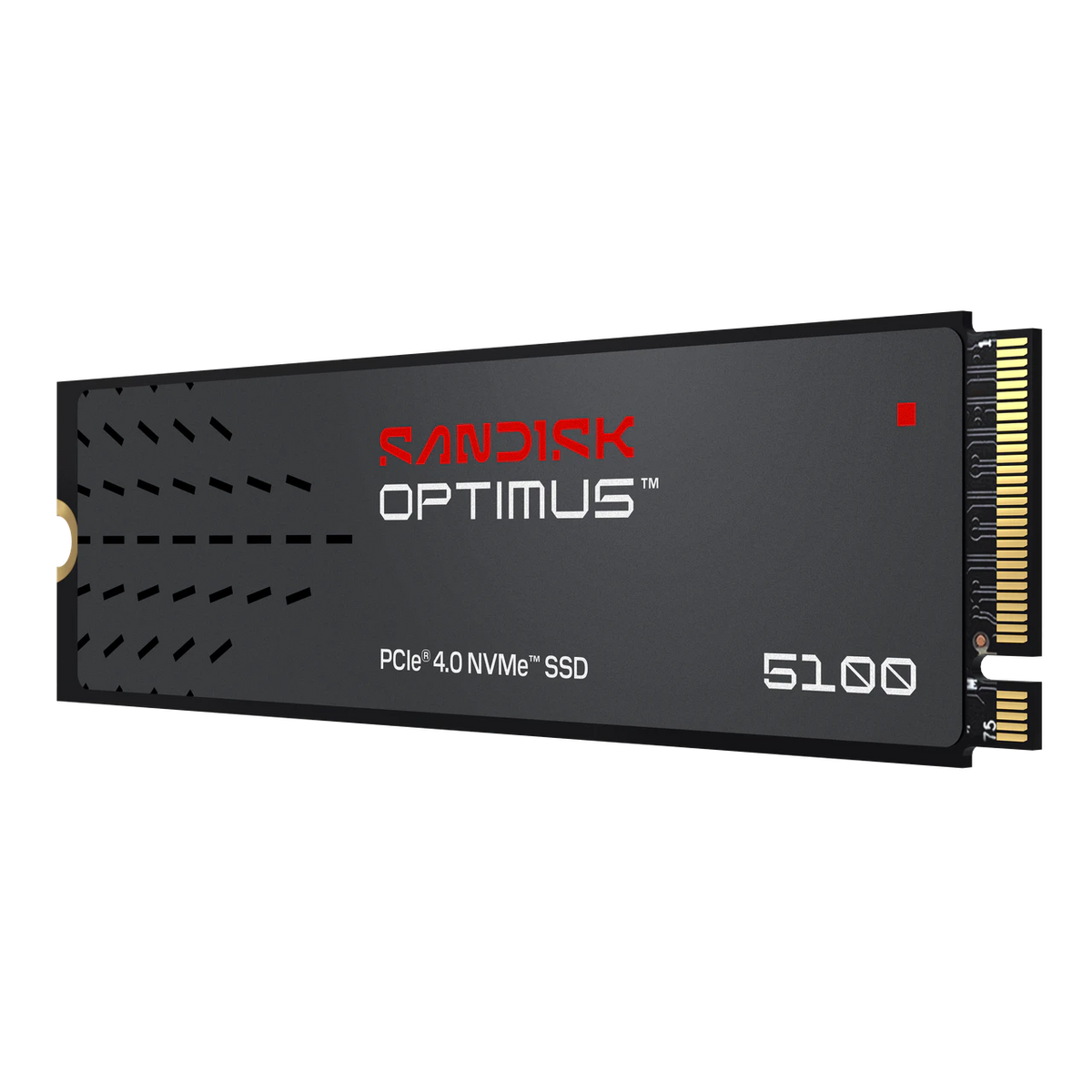 Sandisk Optimus 5100 PCIe 4.0 NVMe SSD in a black mSATA form factor, featuring a gold-plated connector interface on a white background.