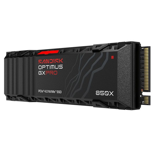 A black Randisk Optimus GX Pro 850X PCIe 4.0 NVMe SSD shown at a three-quarter angle on a plain white background.