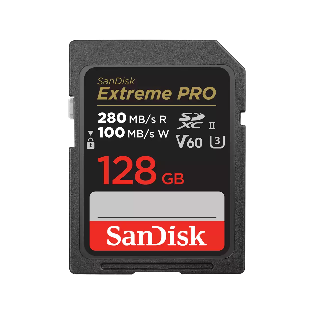 SanDisk Extreme Pro 128GB SD card on a white background
