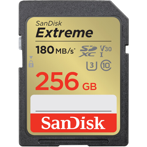 SanDisk Extreme 256GB SD card on a white background
