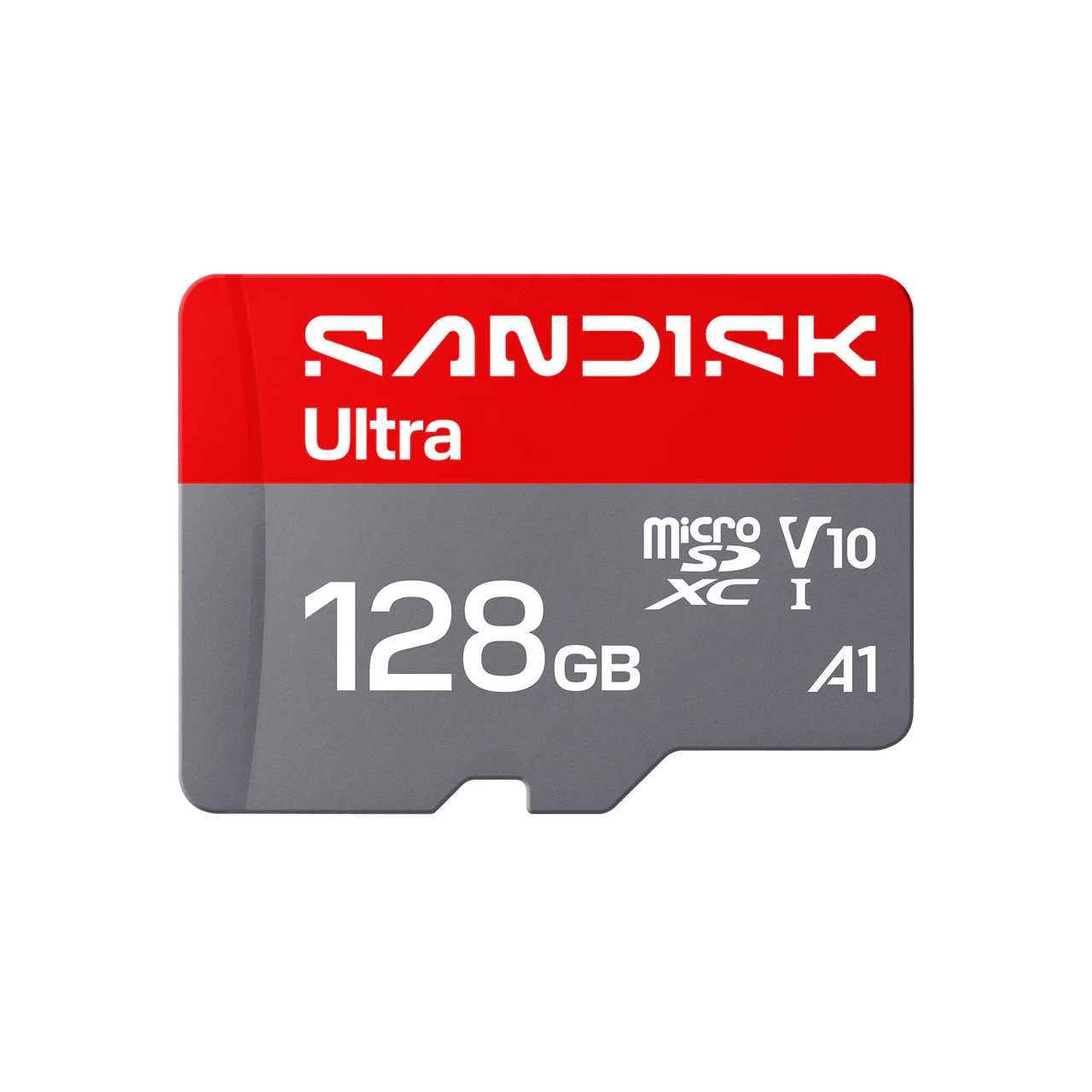 A Sandisk Ultra 128GB microSDXC V10 A1 memory card shown on a plain white background.