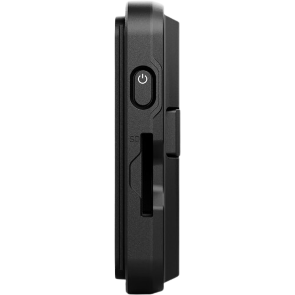 Black electronic device with power button on a white background