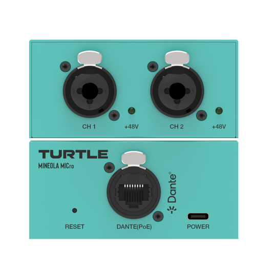 Turquoise audio interface with two XLR inputs and Dante logo on a white background