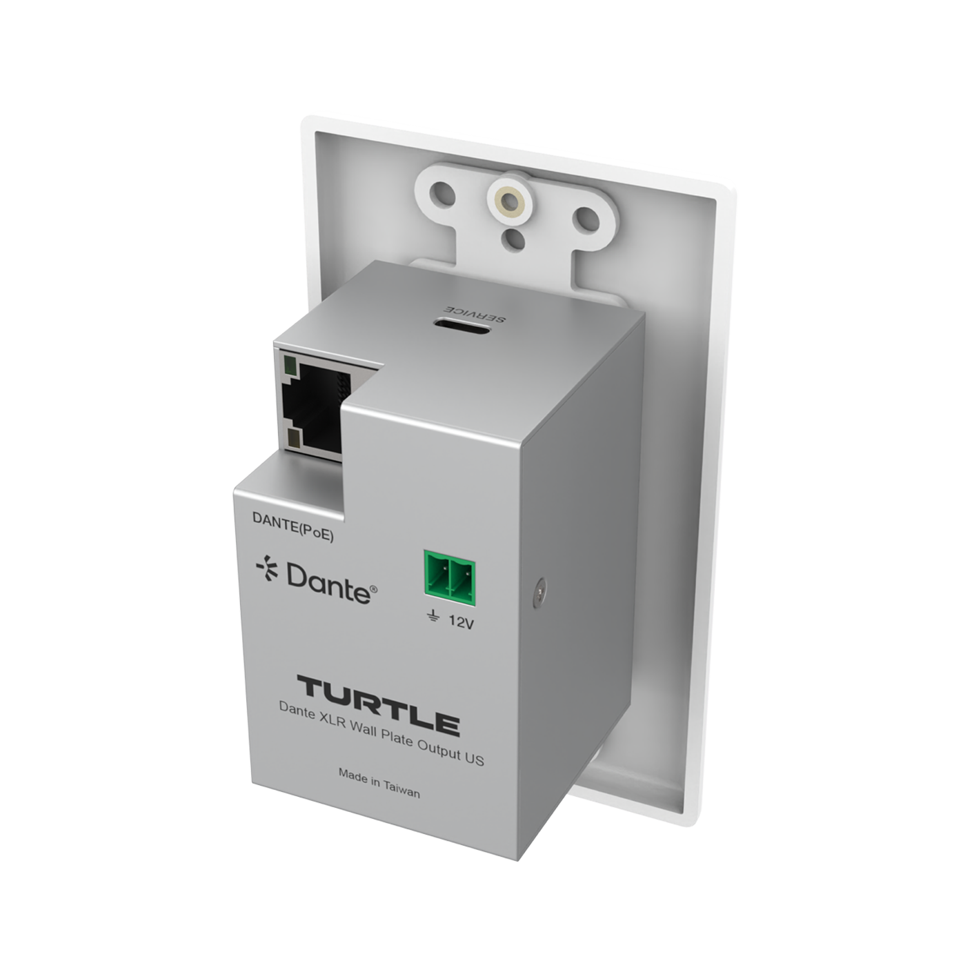 Dante XLR wall plate output unit with 'Turtle' branding on a white background