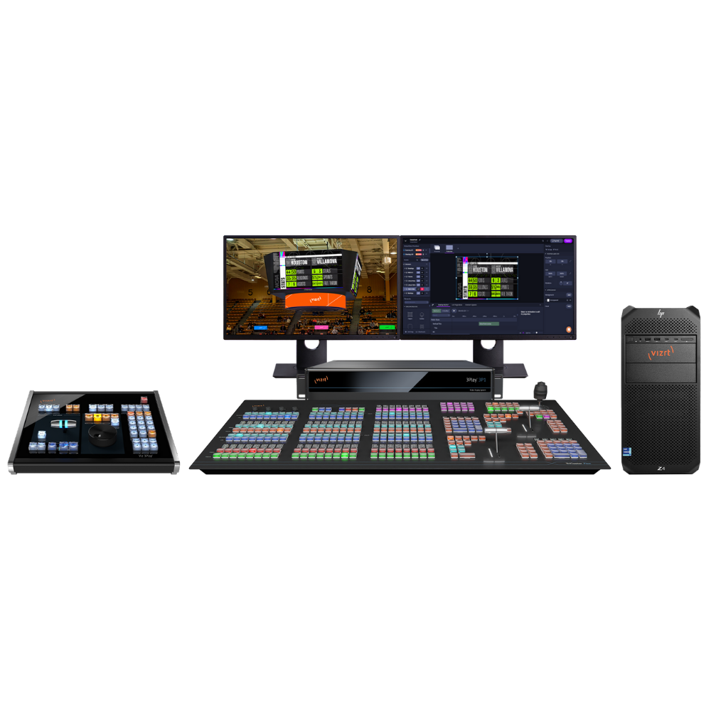 Video production console with monitors and control panels on a white background