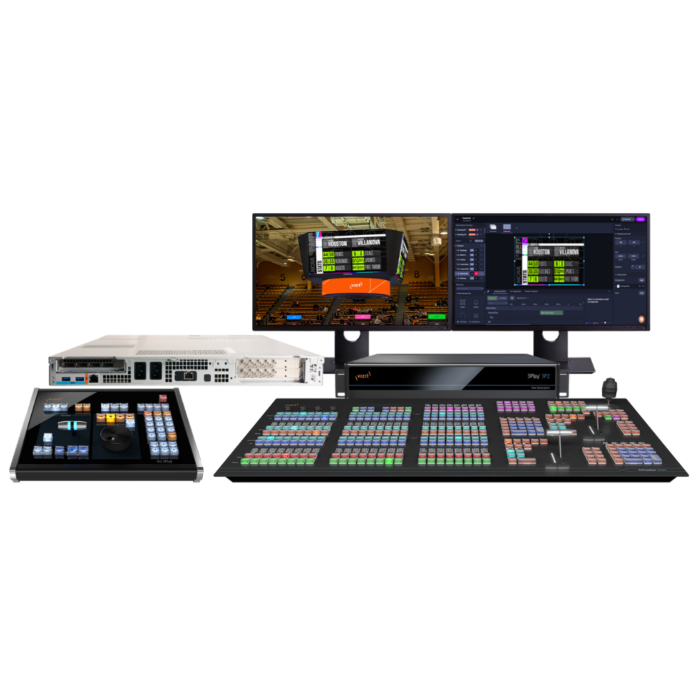 Set of audio-visual control equipment with multiple monitors and a large control panel on a white background.