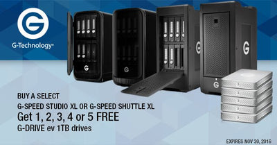 Get Up to 5 BONUS drives with every G-SPEED Studio XL or Shuttle XL Purchase