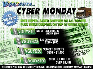 Videoguys CyberMonday deals, promotions, bundles and money saving coupons!